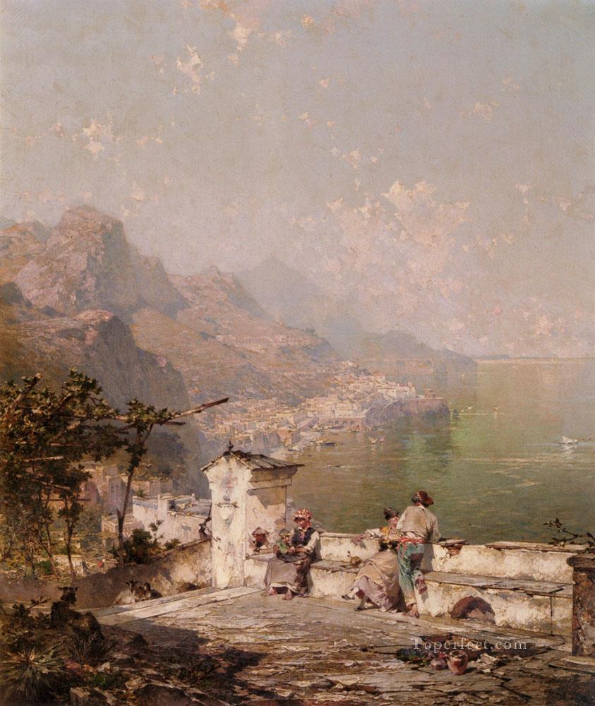 アマルフィ サレルノ湾の風景 フランツ・リヒャルト・ウンターベルガー油絵